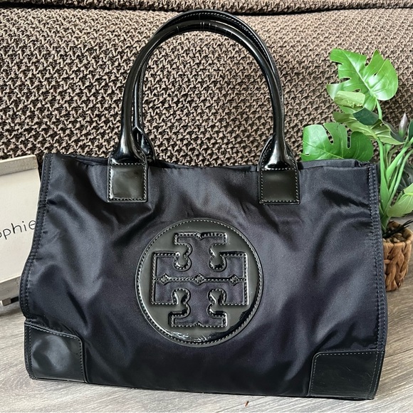 Tory Burch Mini Ella Tote Bag in Black Nylon and Black Patent Leather Trim - Picture 2 of 14